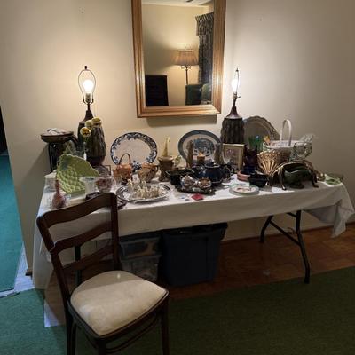 Sale Photo Thumbnail #230: MCM lamps, bentwood chair, Hollywood regency decor, ironstone, vases, pottery, cherubs, angels, vintage cards, baskets, Art Deco thermometer, Toby mug tea set, mirror, more
DOES NOT INCLUDE TABLE, TABLECLOTH, PLATE STANDS