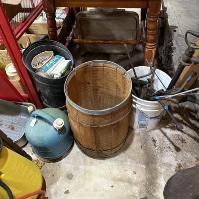 Sale Photo Thumbnail #249: Lawn & garden tools, lawn chemicals, sprayers, bottles, coolers, wooden tool box, glassware, c clamps, hand tools, mirror, project table, wooden shelf, tile cutter, hand saws & more
DOES NOT INCLUDE BLACK PLASTIC SHELF & RED METAL SHELF