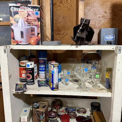 Sale Photo Thumbnail #247: Lawn & garden tools, lawn chemicals, sprayers, bottles, coolers, wooden tool box, glassware, c clamps, hand tools, mirror, project table, wooden shelf, tile cutter, hand saws & more
DOES NOT INCLUDE BLACK PLASTIC SHELF & RED METAL SHELF