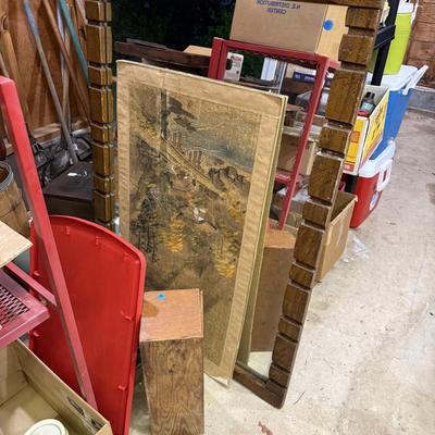 Sale Photo Thumbnail #252: Lawn & garden tools, lawn chemicals, sprayers, bottles, coolers, wooden tool box, glassware, c clamps, hand tools, mirror, project table, wooden shelf, tile cutter, hand saws & more
DOES NOT INCLUDE BLACK PLASTIC SHELF & RED METAL SHELF