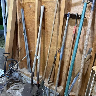 Sale Photo Thumbnail #244: Lawn & garden tools, lawn chemicals, sprayers, bottles, coolers, wooden tool box, glassware, c clamps, hand tools, mirror, project table, wooden shelf, tile cutter, hand saws & more
DOES NOT INCLUDE BLACK PLASTIC SHELF & RED METAL SHELF