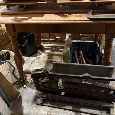 Sale Photo Thumbnail #243: Lawn & garden tools, lawn chemicals, sprayers, bottles, coolers, wooden tool box, glassware, c clamps, hand tools, mirror, project table, wooden shelf, tile cutter, hand saws & more
DOES NOT INCLUDE BLACK PLASTIC SHELF & RED METAL SHELF