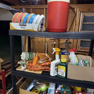 Sale Photo Thumbnail #251: Lawn & garden tools, lawn chemicals, sprayers, bottles, coolers, wooden tool box, glassware, c clamps, hand tools, mirror, project table, wooden shelf, tile cutter, hand saws & more
DOES NOT INCLUDE BLACK PLASTIC SHELF & RED METAL SHELF