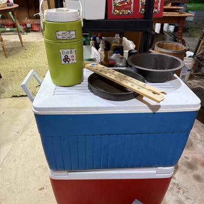 Sale Photo Thumbnail #240: Lawn & garden tools, lawn chemicals, sprayers, bottles, coolers, wooden tool box, glassware, c clamps, hand tools, mirror, project table, wooden shelf, tile cutter, hand saws & more
DOES NOT INCLUDE BLACK PLASTIC SHELF & RED METAL SHELF