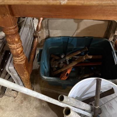 Sale Photo Thumbnail #241: Lawn & garden tools, lawn chemicals, sprayers, bottles, coolers, wooden tool box, glassware, c clamps, hand tools, mirror, project table, wooden shelf, tile cutter, hand saws & more
DOES NOT INCLUDE BLACK PLASTIC SHELF & RED METAL SHELF