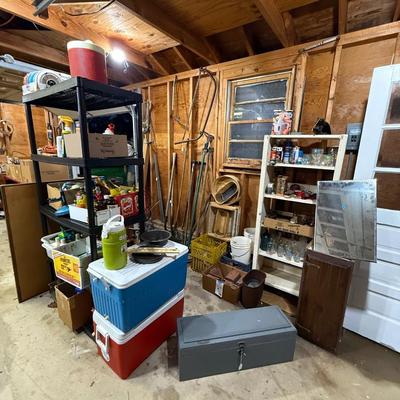 Sale Photo Thumbnail #237: Lawn & garden tools, lawn chemicals, sprayers, bottles, coolers, wooden tool box, glassware, c clamps, hand tools, mirror, project table, wooden shelf, tile cutter, hand saws & more
DOES NOT INCLUDE BLACK PLASTIC SHELF & RED METAL SHELF