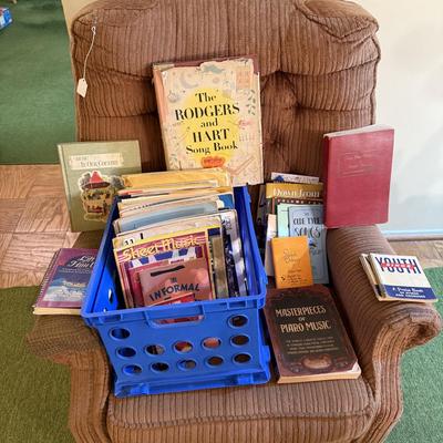 Sale Photo Thumbnail #257: Sheet music, books, recliner
DOES NOT INCLUDE BLUE CRATE