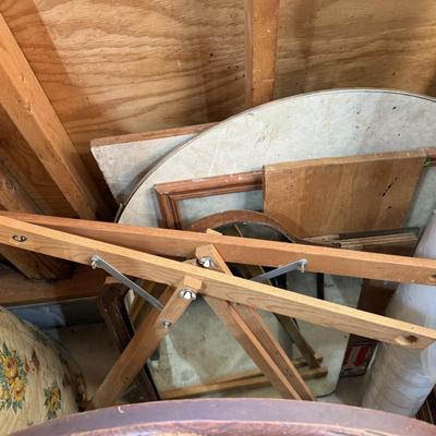 Sale Photo Thumbnail #271: Garage 3: project chairs, metal locker, barrels, furniture parts, pottery, vases, paint brushes, rocker, jars, ironing board, box fan, more
DOES NOT INCLUDE TIN CANS FOR PAINTING SUPPLIES