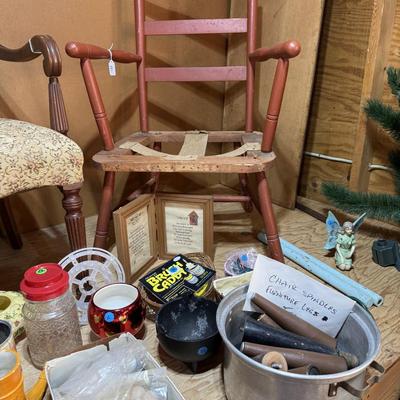 Sale Photo Thumbnail #268: Garage 3: project chairs, metal locker, barrels, furniture parts, pottery, vases, paint brushes, rocker, jars, ironing board, box fan, more
DOES NOT INCLUDE TIN CANS FOR PAINTING SUPPLIES