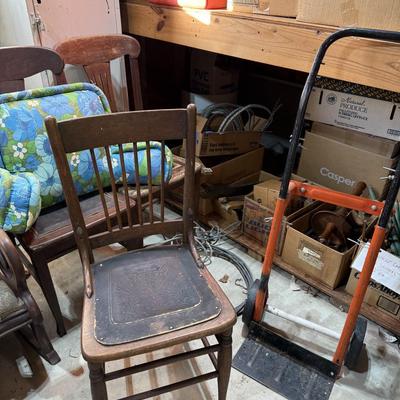 Sale Photo Thumbnail #273: Garage 3: project chairs, metal locker, barrels, furniture parts, pottery, vases, paint brushes, rocker, jars, ironing board, box fan, more
DOES NOT INCLUDE TIN CANS FOR PAINTING SUPPLIES