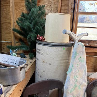 Sale Photo Thumbnail #269: Garage 3: project chairs, metal locker, barrels, furniture parts, pottery, vases, paint brushes, rocker, jars, ironing board, box fan, more
DOES NOT INCLUDE TIN CANS FOR PAINTING SUPPLIES