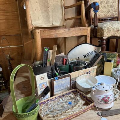 Sale Photo Thumbnail #266: Garage 3: project chairs, metal locker, barrels, furniture parts, pottery, vases, paint brushes, rocker, jars, ironing board, box fan, more
DOES NOT INCLUDE TIN CANS FOR PAINTING SUPPLIES