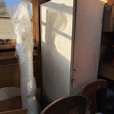 Sale Photo Thumbnail #272: Garage 3: project chairs, metal locker, barrels, furniture parts, pottery, vases, paint brushes, rocker, jars, ironing board, box fan, more
DOES NOT INCLUDE TIN CANS FOR PAINTING SUPPLIES