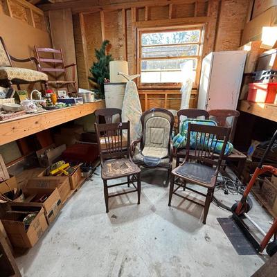 Sale Photo Thumbnail #264: Garage 3: project chairs, metal locker, barrels, furniture parts, pottery, vases, paint brushes, rocker, jars, ironing board, box fan, more
DOES NOT INCLUDE TIN CANS FOR PAINTING SUPPLIES