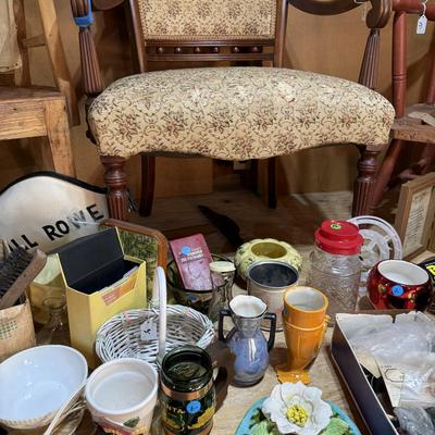 Sale Photo Thumbnail #267: Garage 3: project chairs, metal locker, barrels, furniture parts, pottery, vases, paint brushes, rocker, jars, ironing board, box fan, more
DOES NOT INCLUDE TIN CANS FOR PAINTING SUPPLIES