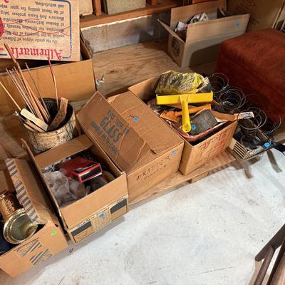 Sale Photo Thumbnail #265: Garage 3: project chairs, metal locker, barrels, furniture parts, pottery, vases, paint brushes, rocker, jars, ironing board, box fan, more
DOES NOT INCLUDE TIN CANS FOR PAINTING SUPPLIES
