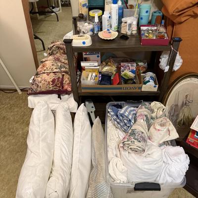 Sale Photo Thumbnail #283: Bed, bath, & kitchen linens, office supplies, vases, milk glass, personal hygiene items, mirror, wall decor, games & more
DOES NOT INCLUDE TABLE, GRAY PLASTIC SHELVING, BROWN PLASTIC SHELVING,