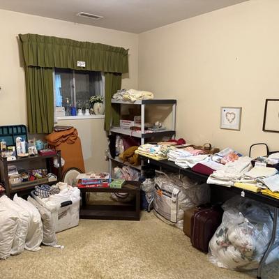 Sale Photo Thumbnail #276: Bed, bath, & kitchen linens, office supplies, vases, milk glass, personal hygiene items, mirror, wall decor, games & more
DOES NOT INCLUDE TABLE, GRAY PLASTIC SHELVING, BROWN PLASTIC SHELVING,