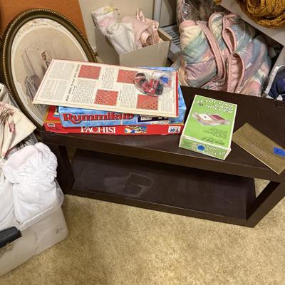 Sale Photo Thumbnail #284: Bed, bath, & kitchen linens, office supplies, vases, milk glass, personal hygiene items, mirror, wall decor, games & more
DOES NOT INCLUDE TABLE, GRAY PLASTIC SHELVING, BROWN PLASTIC SHELVING,