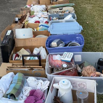 Sale Photo Thumbnail #285: Pans, linens, Tupperware, frames, light fixtures, toys, paper goods, bakeware, new lamp shades, new oak bathroom towel racks & more