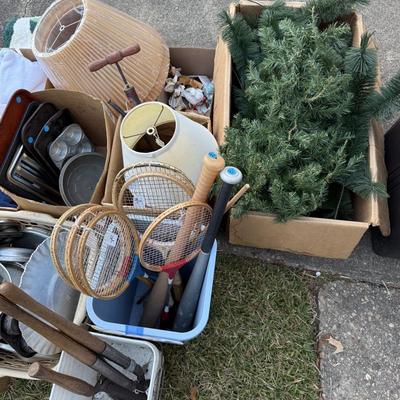 Sale Photo Thumbnail #290: Pans, linens, Tupperware, frames, light fixtures, toys, paper goods, bakeware, new lamp shades, new oak bathroom towel racks & more