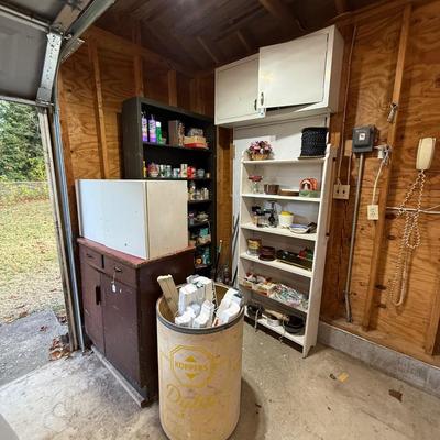 Sale Photo Thumbnail #305: Garage 3: refinishing supplies, storage cabinets and metal shelving, painting supplies, faux wood window blinds, vintage door knobs, misc decor
DOES NOT INCLUDE WHITE WOOD SHELF