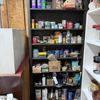 Sale Photo Thumbnail #308: Garage 3: refinishing supplies, storage cabinets and metal shelving, painting supplies, faux wood window blinds, vintage door knobs, misc decor
DOES NOT INCLUDE WHITE WOOD SHELF