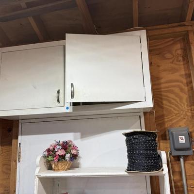 Sale Photo Thumbnail #310: Garage 3: refinishing supplies, storage cabinets and metal shelving, painting supplies, faux wood window blinds, vintage door knobs, misc decor
DOES NOT INCLUDE WHITE WOOD SHELF