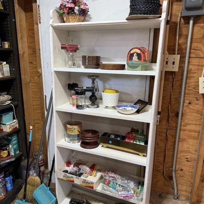 Sale Photo Thumbnail #309: Garage 3: refinishing supplies, storage cabinets and metal shelving, painting supplies, faux wood window blinds, vintage door knobs, misc decor
DOES NOT INCLUDE WHITE WOOD SHELF