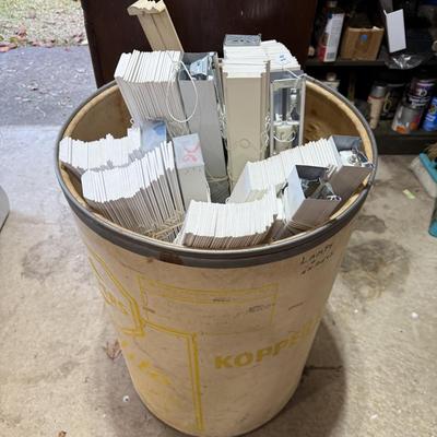 Sale Photo Thumbnail #307: Garage 3: refinishing supplies, storage cabinets and metal shelving, painting supplies, faux wood window blinds, vintage door knobs, misc decor
DOES NOT INCLUDE WHITE WOOD SHELF