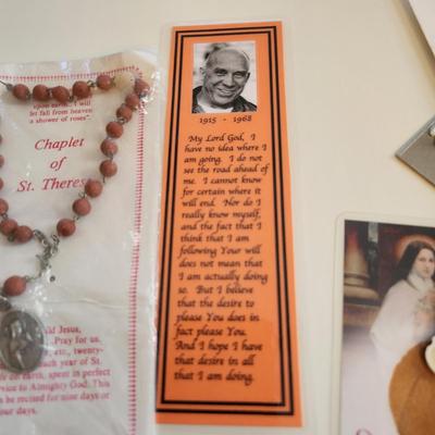 Sale Photo Thumbnail #225: This auction lot is for a gathering of Religious Relics, Beads, Medal & Prayer Cards.  This grouping includes "touched-to" relics of St. Jude, St. Theresa, St. Francis of Assissi and St. Faustina.  Also included is a St. Theresa Chaplet of Beads and a med