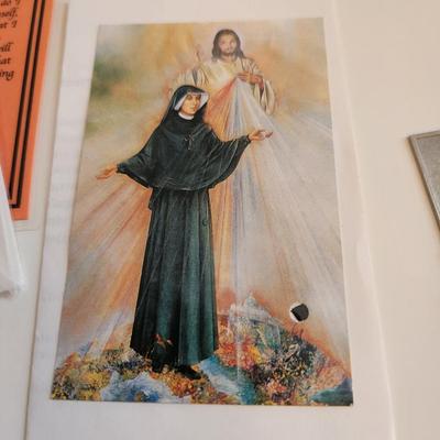 Sale Photo Thumbnail #220: This auction lot is for a gathering of Religious Relics, Beads, Medal & Prayer Cards.  This grouping includes "touched-to" relics of St. Jude, St. Theresa, St. Francis of Assissi and St. Faustina.  Also included is a St. Theresa Chaplet of Beads and a med