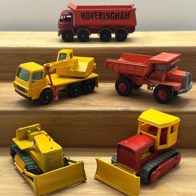 LOT 112: Vintage Lesney Matchbox Construction Vehicles - Crane Truck, Caterpillar Bulldozer, Mack Dump Truck and More
