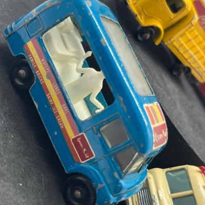 LOT 121: Vintage Lesney Vehicles - Commer Ice Cream Canteen, Karrier Bantam 2 Ton, TV Service Van, London Trolleybus