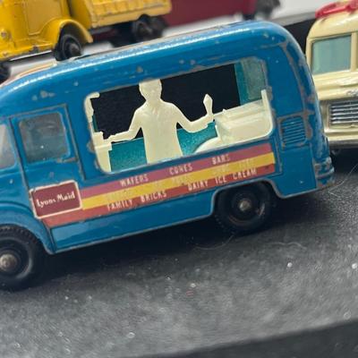 LOT 121: Vintage Lesney Vehicles - Commer Ice Cream Canteen, Karrier Bantam 2 Ton, TV Service Van, London Trolleybus