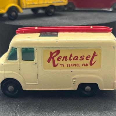 LOT 121: Vintage Lesney Vehicles - Commer Ice Cream Canteen, Karrier Bantam 2 Ton, TV Service Van, London Trolleybus