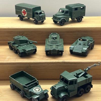 LOT 130: Vintage Lesney Toy Military Vehicles - Scammell Breakdown Truck, Personnel Carrier, Saladin Armoured Car and More