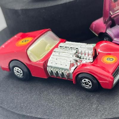 LOT 135: Vintange Lensey Matchbox Vehicles - Volkswagen Camper Road Dragster, Dodge Charger MkIII, Wildcat Dragster