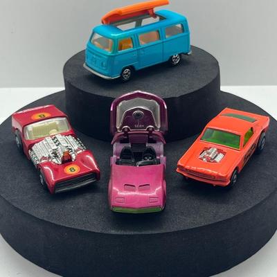 LOT 135: Vintange Lensey Matchbox Vehicles - Volkswagen Camper Road Dragster, Dodge Charger MkIII, Wildcat Dragster