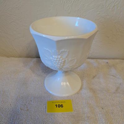 Sale Photo Thumbnail #511: Milk Glass pedestal Compote grape harvest