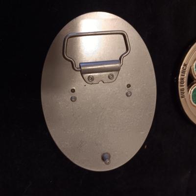 "RUB FOR LUCK" AND "BOTTOM'S UP" BOTTLE OPENER BELT BUCKLES