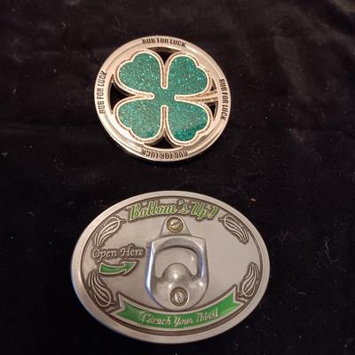 "RUB FOR LUCK" AND "BOTTOM'S UP" BOTTLE OPENER BELT BUCKLES