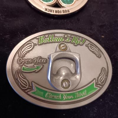 "RUB FOR LUCK" AND "BOTTOM'S UP" BOTTLE OPENER BELT BUCKLES