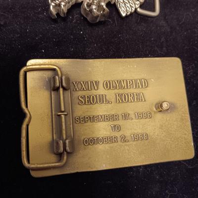 2 OLYMPIC AND A PEWTER EAGLE BELT BUCKLES