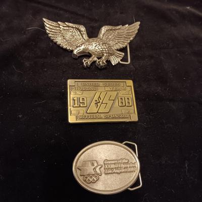 2 OLYMPIC AND A PEWTER EAGLE BELT BUCKLES