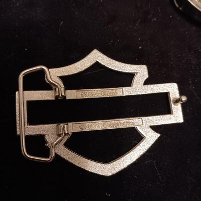 HARLEY DAVIDSON & CADILLAC EMBLEM BELT BUCKLES PLUS A ROTATING RIM BUCKLE