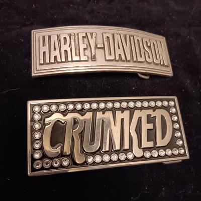 LARGE HARLEY DAVIDSON AND "CRUNKED" BELT BUCKLES