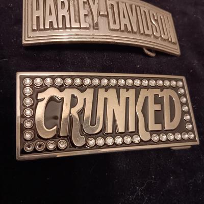 LARGE HARLEY DAVIDSON AND "CRUNKED" BELT BUCKLES