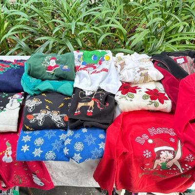 Sale Photo Thumbnail #108: Mostly size Medium, in worn condition. One Halloween sweatshirt. Red Suede Alfred Dunner Jacket, Lined Craft and Barrow rain jacket.