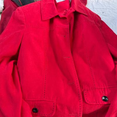 Sale Photo Thumbnail #109: Mostly size Medium, in worn condition. One Halloween sweatshirt. Red Suede Alfred Dunner Jacket, Lined Craft and Barrow rain jacket.